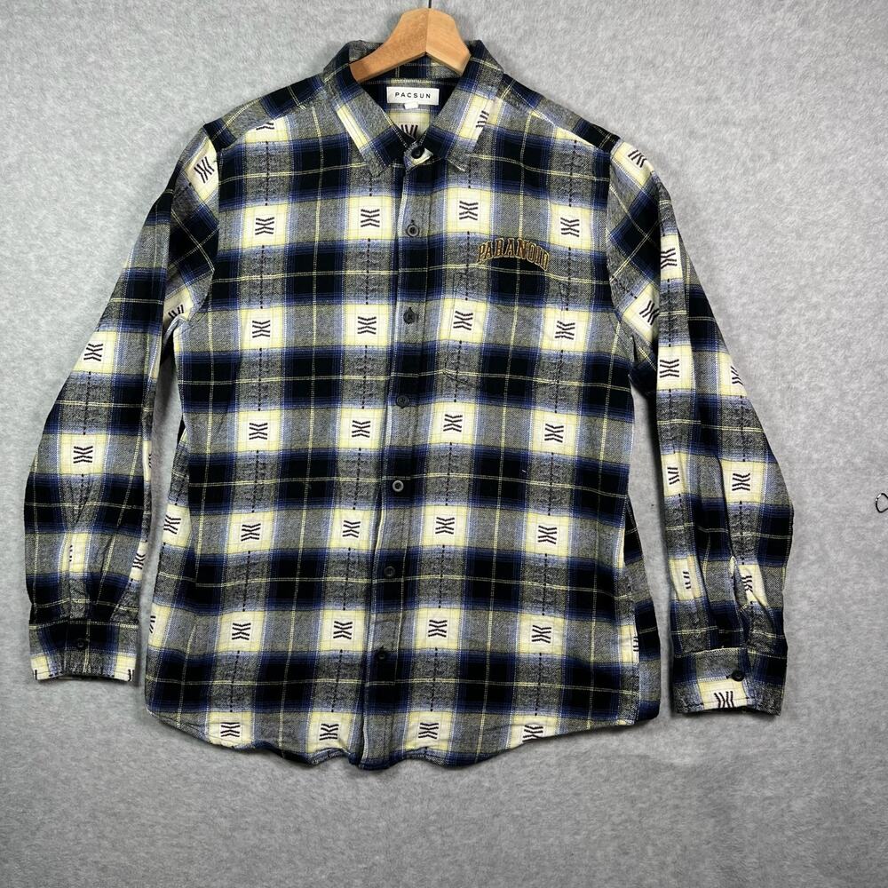 PacSun Long Sleeve Flannel Men's Size Medium Plaid "Paranoid" Embroidered